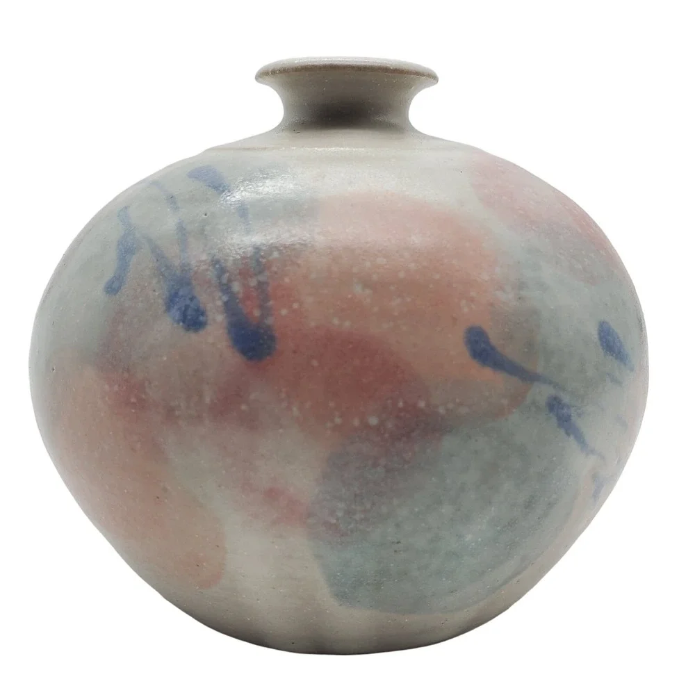 Gray Squat Art Pottery Vase Pastel Pink Blue Abstract Signed Ceramic Pot Vintage